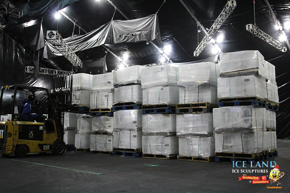 The giant tent was quickly filled with pallet upon pallet of ice.